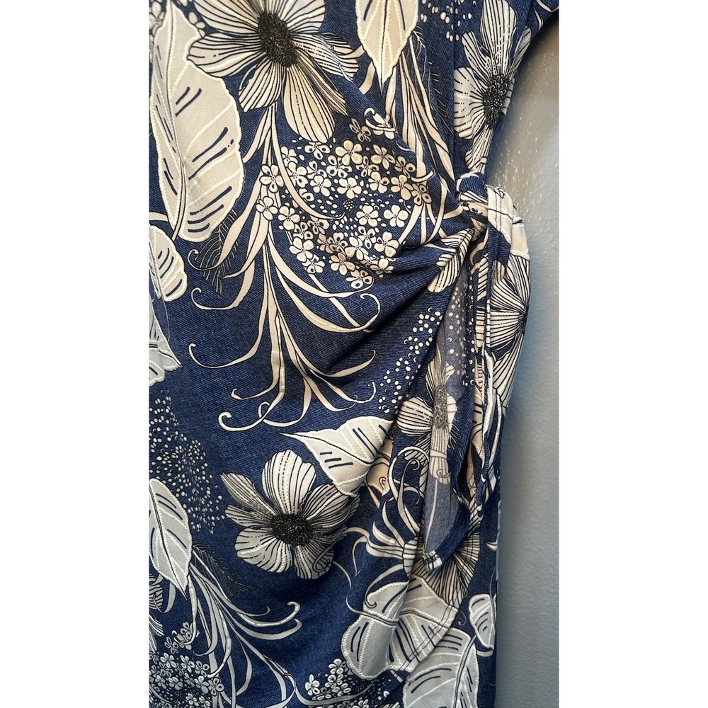 Robbie Bee Dress Women's PM Medium Navy Blue White Hawaiian Floral Stretch Midi - Picture 10 of 11